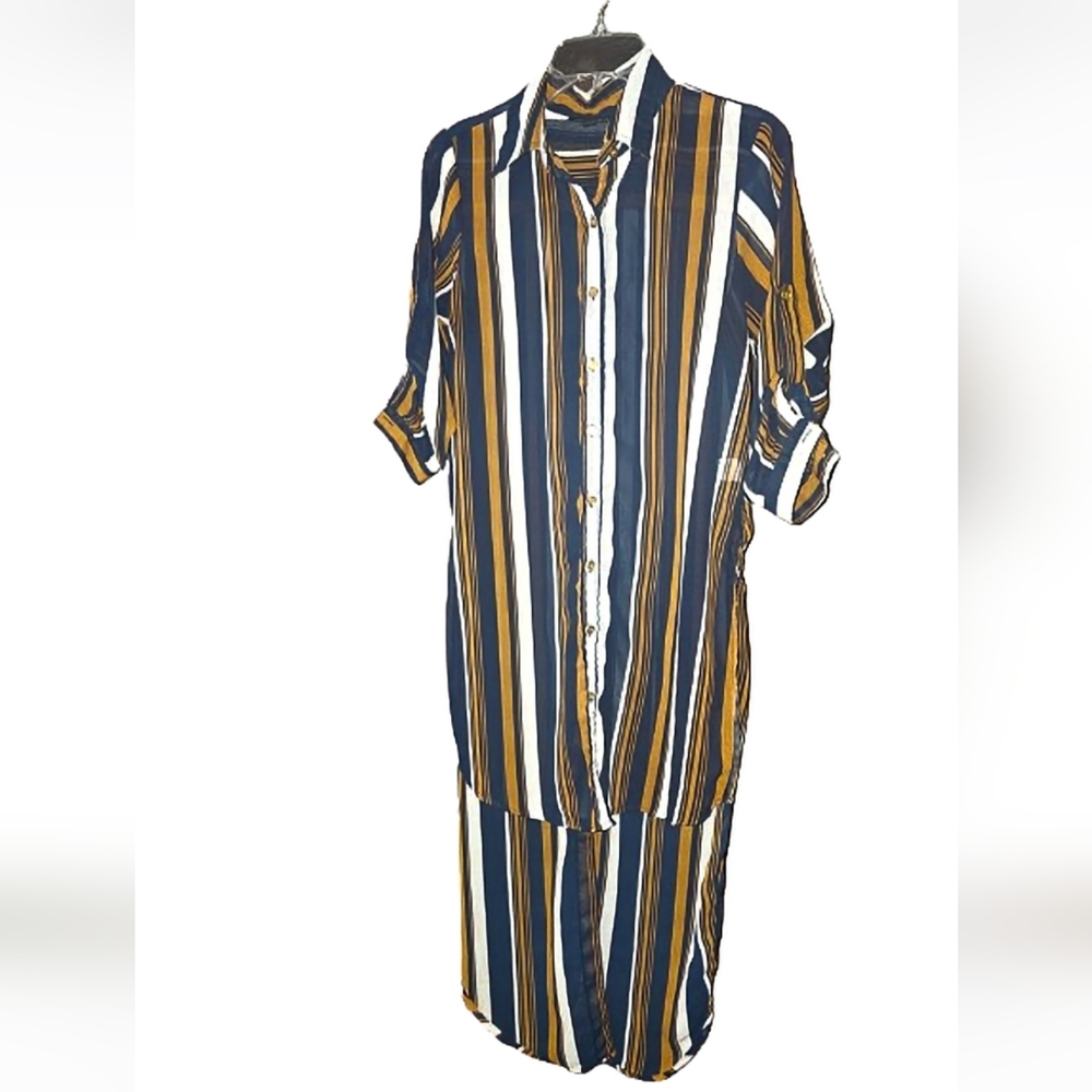 Navy White and Mustard Striped High Low Tunic Blouse S